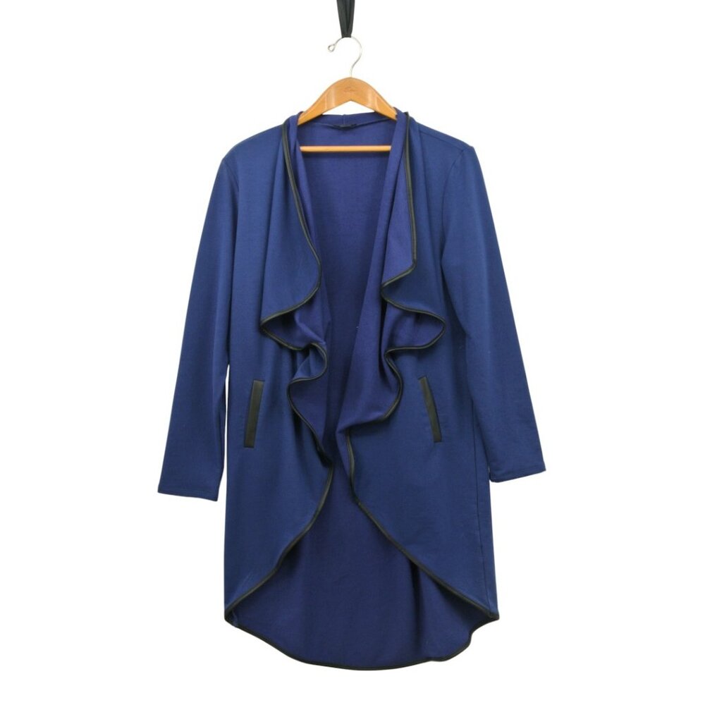 IMAN‎ Draped Faux Leather Trim Open Front Cardigan Jacket Blue L